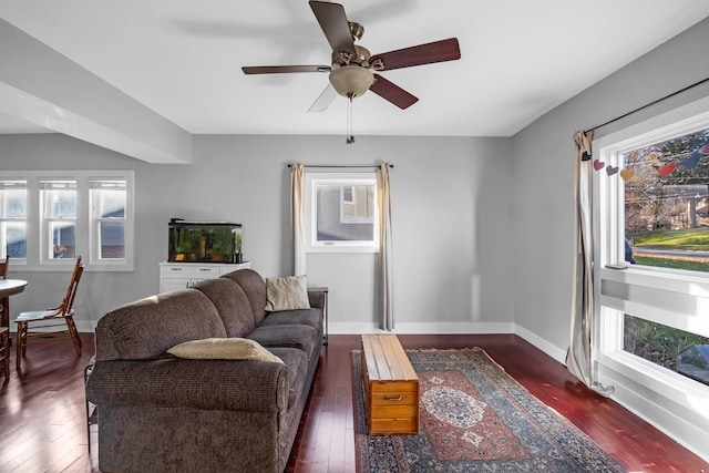 living room with dark hardwood / wood-style floors, ceiling fan, and a healthy amount of sunlight