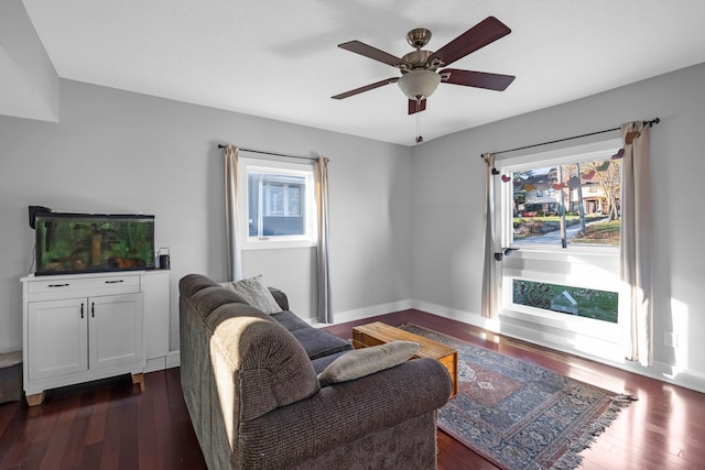 living room featuring ceiling fan and dark hardwood / wood-style floors