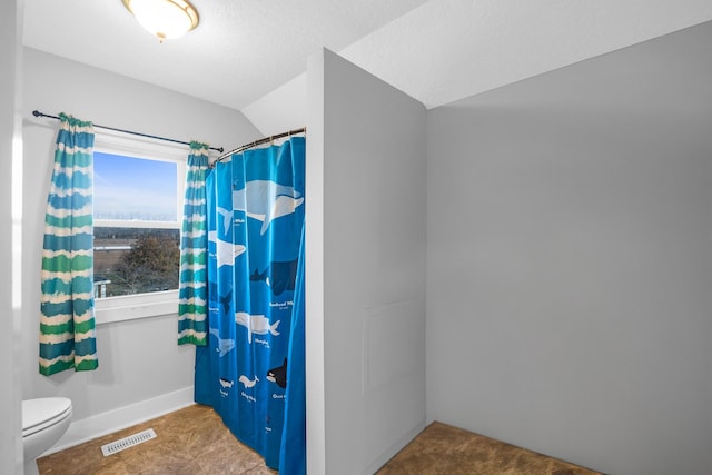 bathroom featuring toilet, vaulted ceiling, and walk in shower