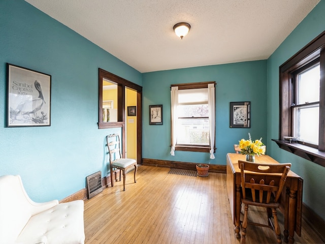 sitting room featuring a healthy amount of sunlight, light wood-type flooring, and a textured ceiling