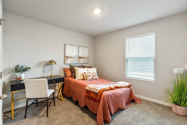 carpeted bedroom with a textured ceiling