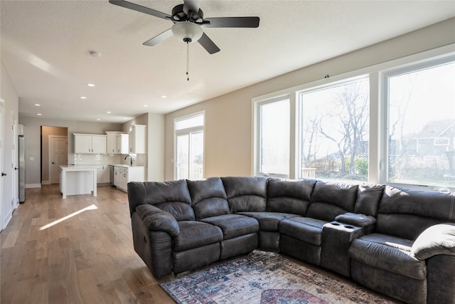 living room featuring ceiling fan, hardwood / wood-style floors, and sink