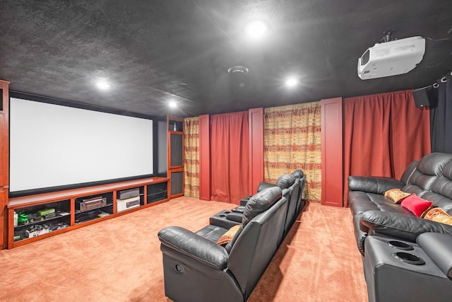 cinema featuring light colored carpet