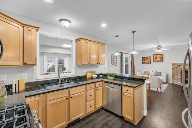 kitchen with kitchen peninsula, light brown cabinetry, dark hardwood / wood-style flooring, stainless steel appliances, and hanging light fixtures