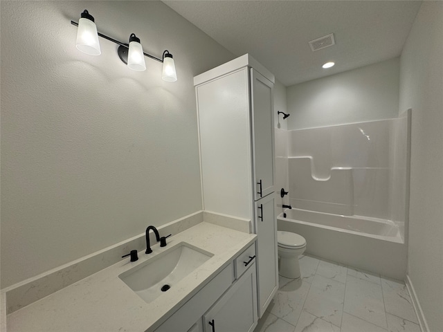 full bathroom with vanity, toilet, and shower / bathtub combination