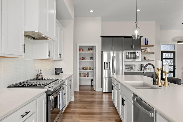 kitchen featuring premium range hood, light countertops, wood finished floors, stainless steel appliances, and a sink