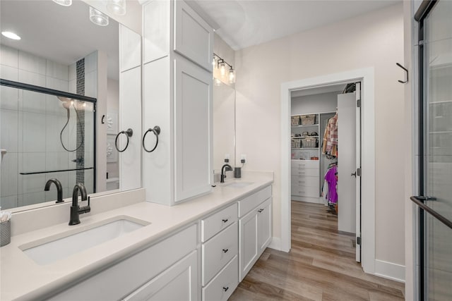 bathroom with double vanity, wood finished floors, a walk in closet, and a sink