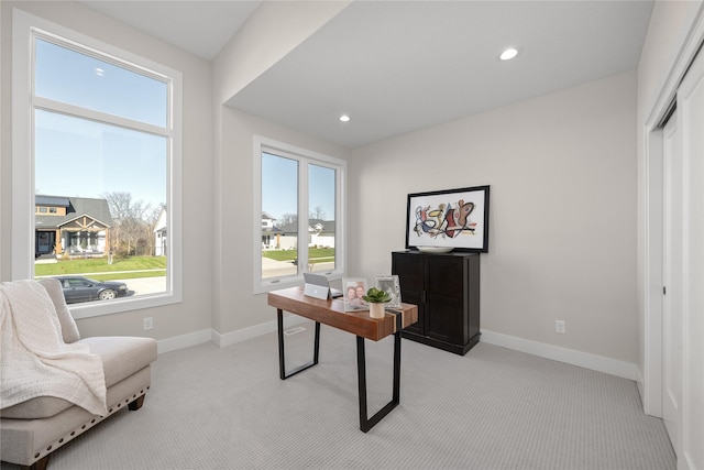 home office featuring recessed lighting, baseboards, and light colored carpet