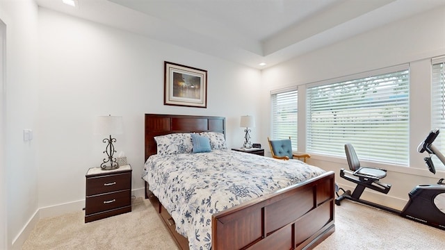 bedroom featuring light carpet