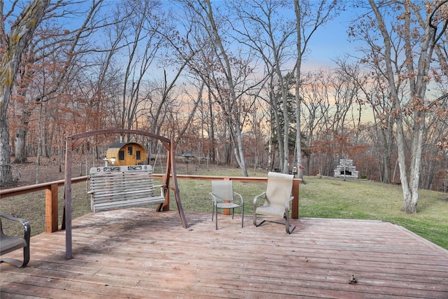 4 Ridgecrest Ln, Dallas Center, IA 50063 - wooden terrace featuring a yard and view of wooded area