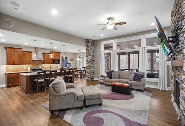 living room with a stone fireplace, ceiling fan, dark hardwood / wood-style flooring, and sink