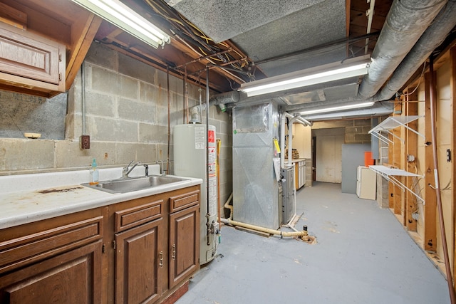 basement with heating unit, sink, and gas water heater