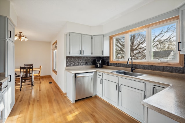 kitchen with sink, dishwasher, plenty of natural light, and light hardwood / wood-style flooring