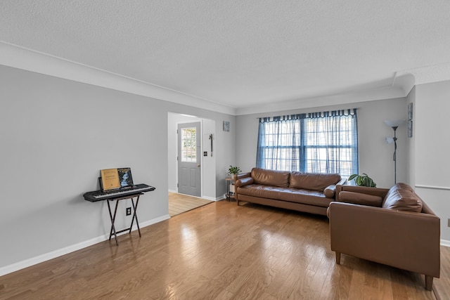 living room with hardwood / wood-style flooring and a textured ceiling