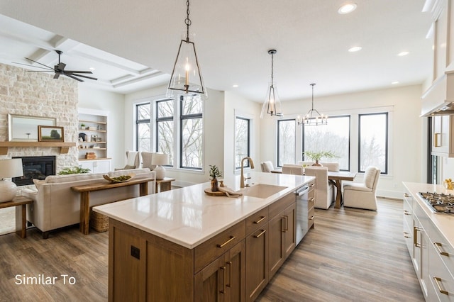 kitchen with a stone fireplace, sink, wood-type flooring, and plenty of natural light