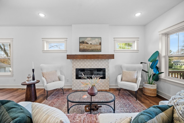 living room featuring wood-type flooring and a tiled fireplace