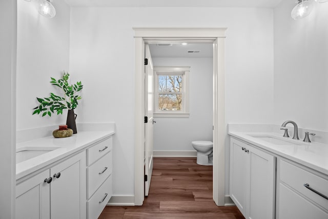 bathroom with vanity, wood-type flooring, and toilet