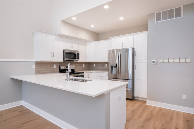 kitchen featuring tasteful backsplash, kitchen peninsula, white cabinetry, and appliances with stainless steel finishes