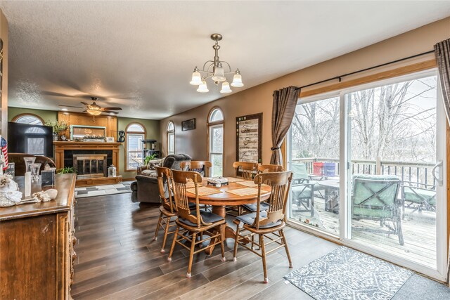 dining space with hardwood / wood-style flooring, ceiling fan with notable chandelier, and a textured ceiling