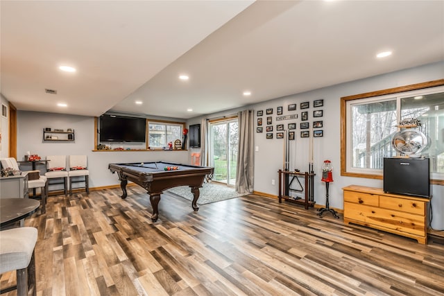 recreation room with wood-type flooring and billiards