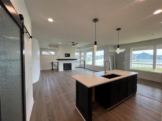 kitchen featuring a barn door, a wealth of natural light, an island with sink, and hardwood / wood-style flooring