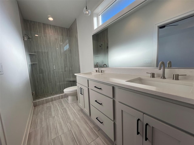 bathroom with a shower with door, toilet, and vanity