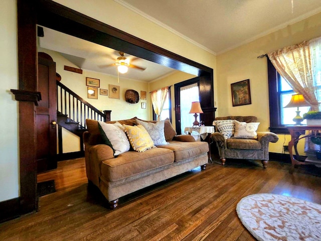 living room with hardwood / wood-style flooring, plenty of natural light, ceiling fan, and ornamental molding