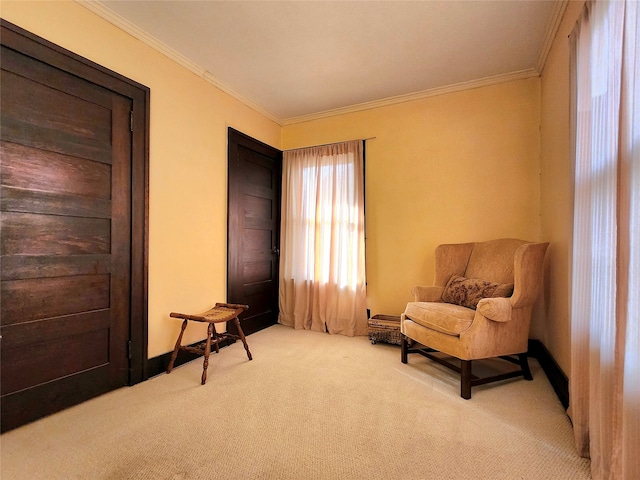 living area with carpet flooring and ornamental molding