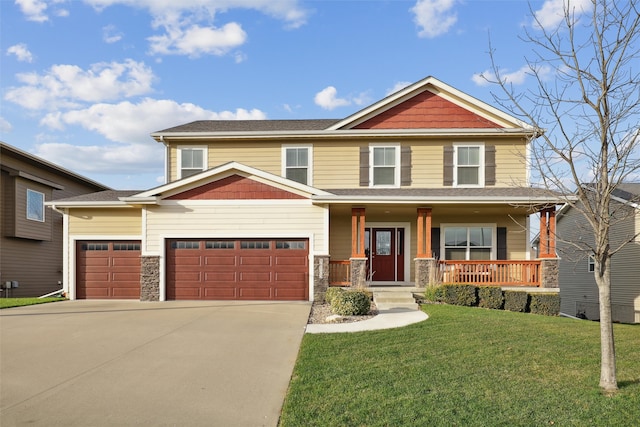 craftsman inspired home with a front yard, a porch, and a garage