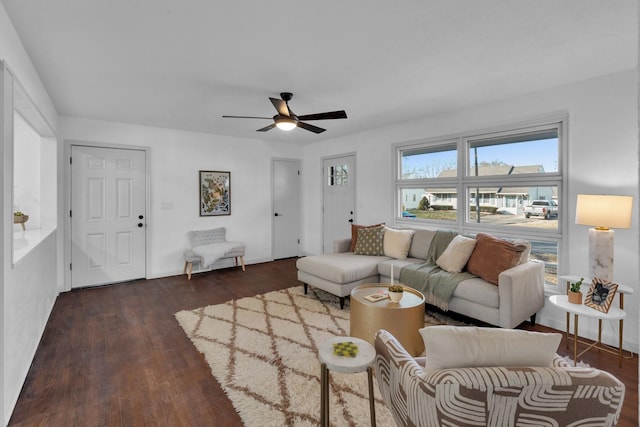 living room with ceiling fan and dark hardwood / wood-style flooring