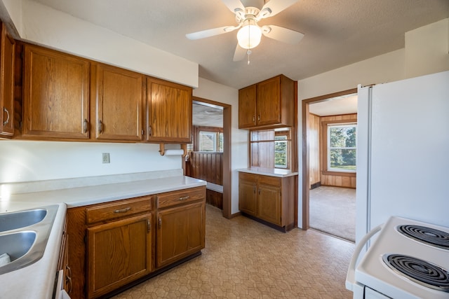 kitchen featuring ceiling fan, sink, light colored carpet, a textured ceiling, and white appliances