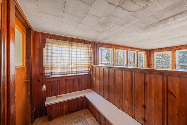 interior space featuring wooden walls