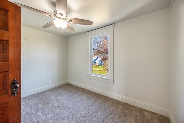 unfurnished room with ceiling fan, ornamental molding, and light carpet