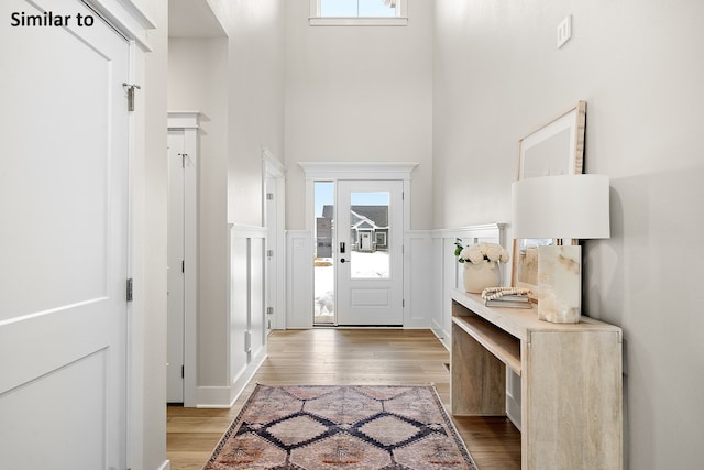 entrance foyer with a high ceiling, light hardwood / wood-style flooring, and plenty of natural light