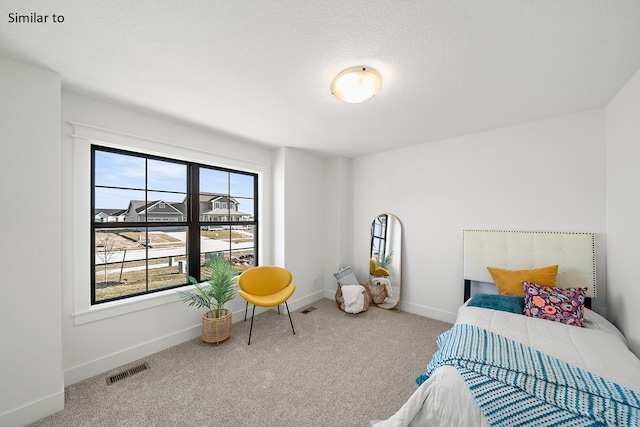 carpeted bedroom with a textured ceiling