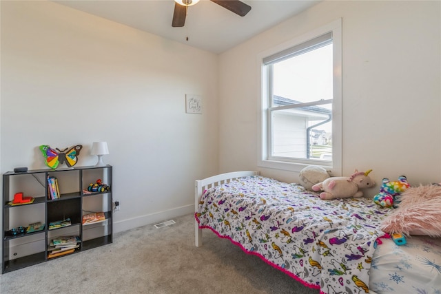 bedroom featuring carpet floors and ceiling fan