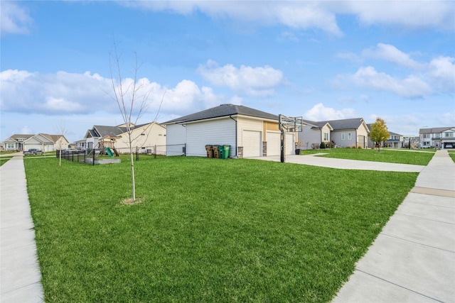 view of property exterior featuring a playground, a garage, and a lawn