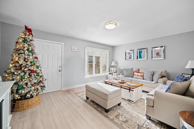 living room with a textured ceiling and light hardwood / wood-style floors