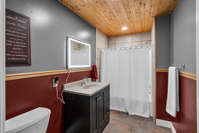 full bathroom with vanity, toilet, shower / bathtub combination with curtain, and wooden ceiling