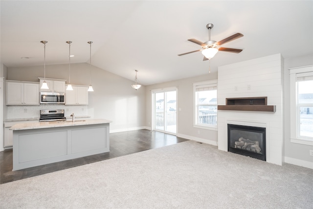 kitchen with decorative light fixtures, stainless steel appliances, and a wealth of natural light