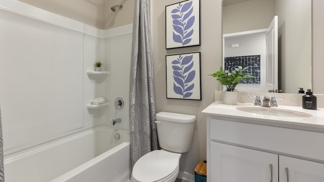 full bathroom with toilet, vanity, and shower / bathtub combination with curtain