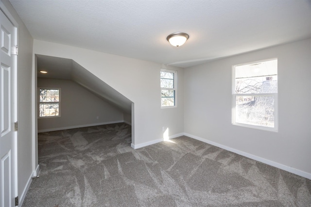 additional living space with a wealth of natural light, dark carpet, and a textured ceiling