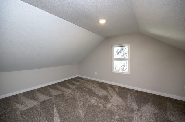 additional living space featuring carpet flooring, a textured ceiling, and vaulted ceiling