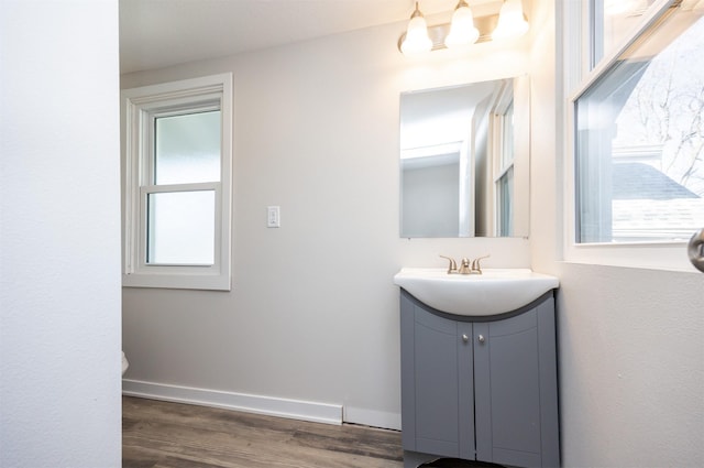 bathroom with hardwood / wood-style flooring and vanity