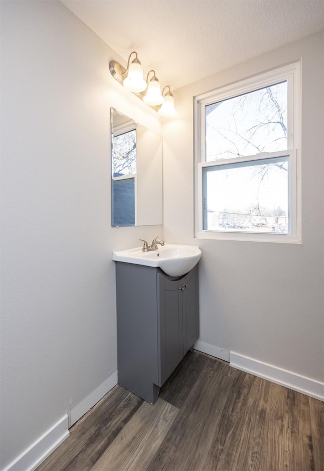 bathroom with vanity and hardwood / wood-style flooring