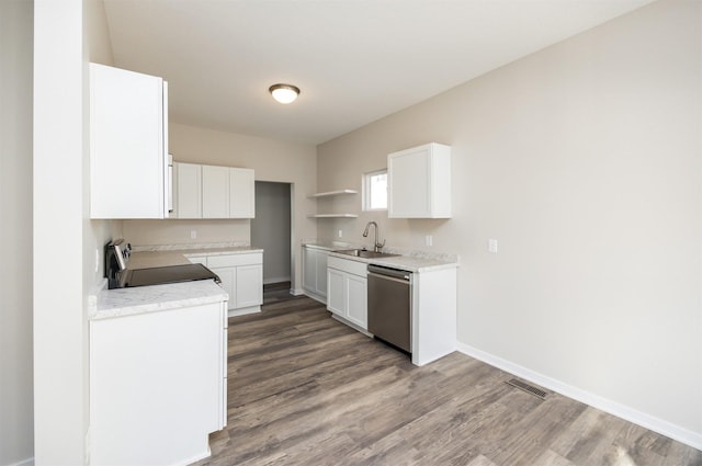 kitchen with white cabinetry, dishwasher, black range, and sink