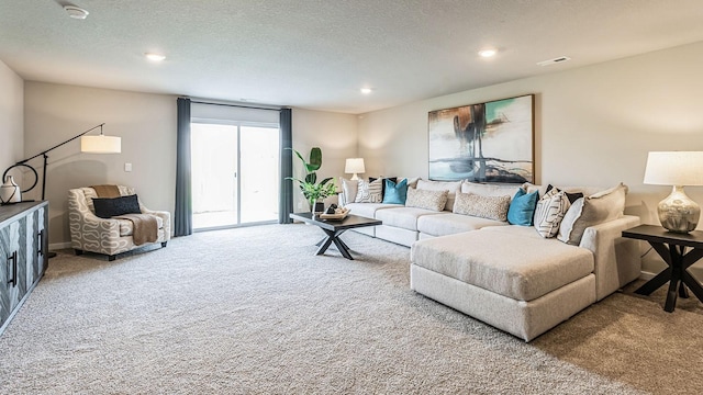 living room featuring a textured ceiling and carpet flooring