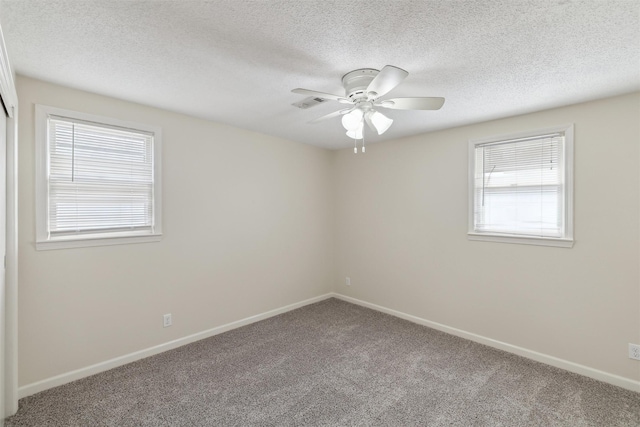 carpeted empty room featuring a textured ceiling, a wealth of natural light, and ceiling fan