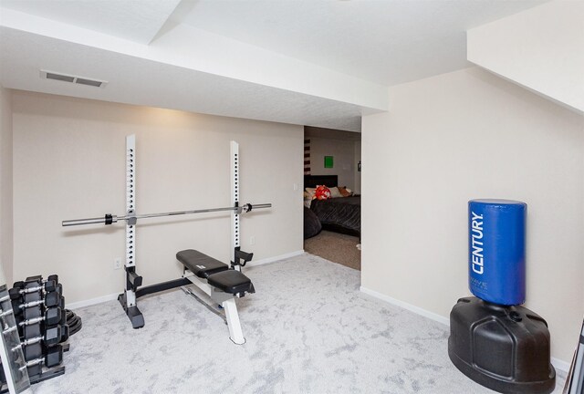 workout room featuring carpet floors