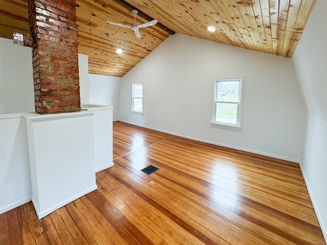 additional living space featuring wooden ceiling, plenty of natural light, hardwood / wood-style floors, and vaulted ceiling